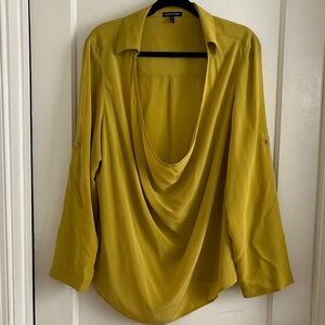 Eileen Fisher Size M 100% Silk Drape Neck Mustard Yellow Gold Blouse Top Shirt
